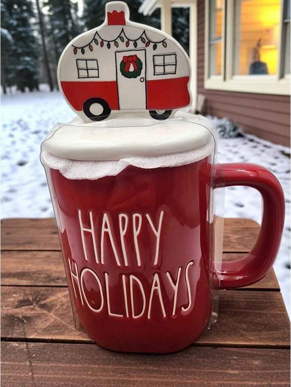 Rae Dunn Artisan Collection Happy Holidays Camper Mug with Lid NWOT